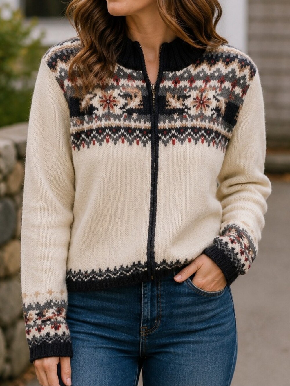 Cream Fair Isle Zip-Front Lambswool Cardigan Sweater Icelandic Design Medium